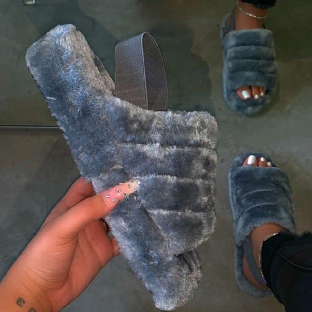 Grey Fur Slippers